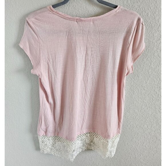 Rewind Woman Size L Light Pink Short Sleeve Tee with Crochet Lace Hem Retro - Picture 2 of 6